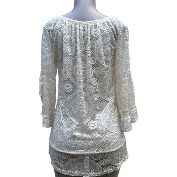 Lace Overlay Blouse Women's Small Cream Crochet Embroidered Ruffle Bell Sleeve - Picture 8 of 15